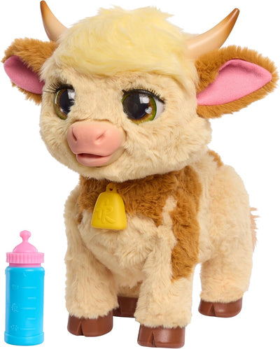 Plush toy cow with a bell and blue bottle on a white background