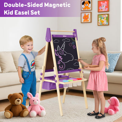 Belleur All-in-One Art Easel for Kids, Adjustable Double Sided Easel for Toddlers with Magnetic Whiteboard & Dry-Erase Chalk Board & Paper Roll, Child Painting Easel for Kid 2-8 Birthday Gift-Purple
