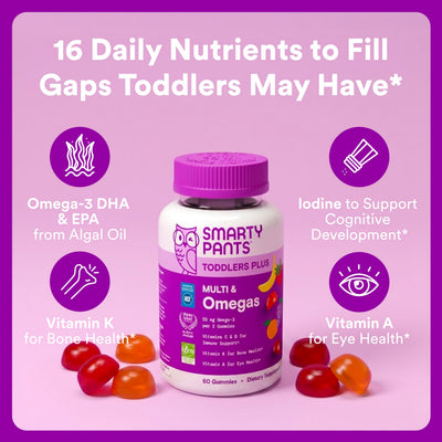 SmartyPants Toddler Multivitamin Gummies, Omega 3 (DHA/EPA), Vitamins D3, C, Vitamin B12, B6, A, K & Zinc, Biotin, Gluten Free, Three Fruit Flavors, 60 Count (30 Day Supply)