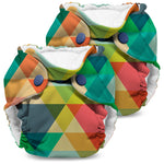 Colorful geometric-patterned cloth diaper on a white background