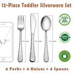 HaWare 12-Piece Toddler Kids Silverware Set, Stainless Steel Hammered Flatware Cutlery, Children Tableware Includes 4 Spoons&Forks&Butter Knives, Ideal for Preschooler, Dishwasher Safe