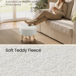 SONGMICS Storage Ottoman, Foot Stool, Round Ottoman with Padded Seat, Foot Rest with Wood Legs, Small Table, for Hallway, Living Room, 12.2 Inches, Teddy Fleece, White ULOM515WD01