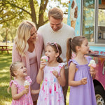 PATPAT Girls Summer Dress Set – Pink Ice Cream & Sprinkle Prints, Ruffle Sleeves & Lavender Smocked Strap Dress, Perfect for School, Play & Parties, 4–5T