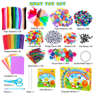 Zefy 3200+ Pcs Arts and Crafts Supplies for Kids, All in One Craft Kits with 12 Crafts Design, DIY School Supplies Kit Craft Box Easter Gifts for Girls Boys Ages 4-12