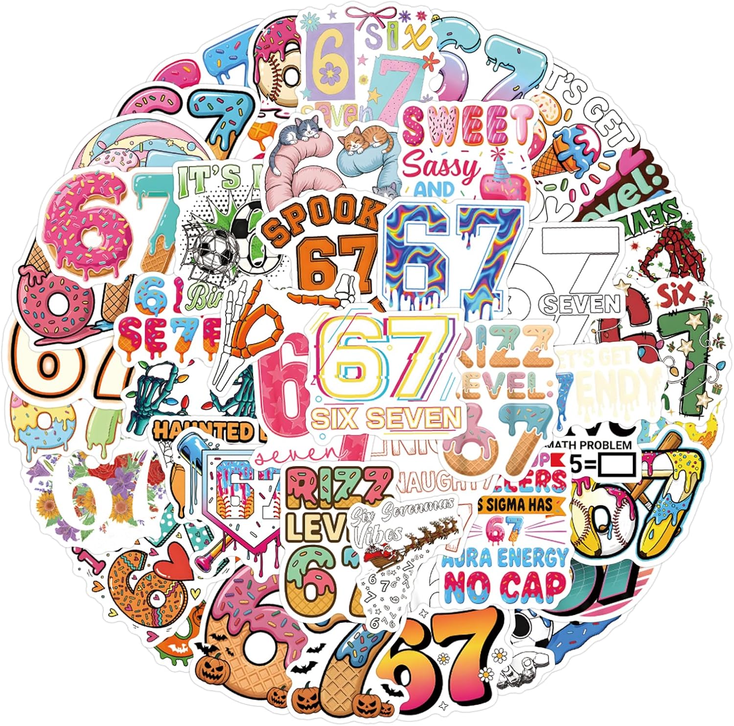 Six Seven Stickers 50Pcs, Funny 6 7 Stickers Waterproof Vinyl Gifts for Phone, Water Bottle, Luggage, Laptop, Adults Teens