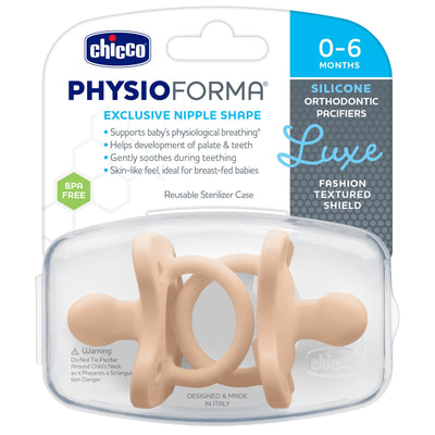 Chicco PhysioForma Luxe Orthodontic Pacifier for Babies 0-6 Months, One-Piece 100% Soft Silicone, Supports Breathing, Textured Shield & Handle, Included Sterilizing Case, BPA Free, 2-Pack, Blush