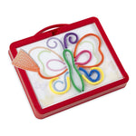 Colorful butterfly made of elastic bands in a red carrying case on a white background
