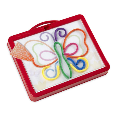 Colorful butterfly made of elastic bands in a red carrying case on a white background