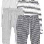 Simple Joys by Carter's Unisex Babies' Cotton Pants, Pack of 4, Black Mini Stripe/Grey/Light Grey/White Stripe, 12 Months
