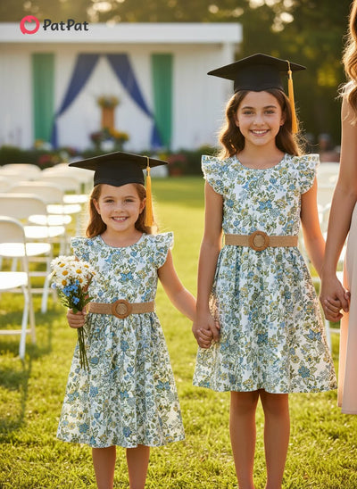 PATPAT Little Big Girls Dress Vintage Boho Floral Ruffle Short Sleeve Casual Swing Dress with Braided Belt, Floral Green, 5-6 Years
