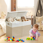 Roobyl Large Toy Storage Box with Lid, Collapsible Toys Storage Organizer Bins with Dividers and Handles, Storage Chest Bin for Kids, Boys, Girls, Nursery 25"x13" x16" (Beige & White)