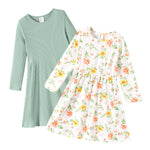 PATPAT Toddler Girl 2-Pack Long Sleeve A-line Dress Set Spring Festivals & Family Photos, Light Green Flower, 6-7 Years