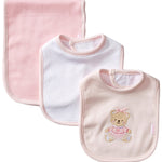 Set of three baby bibs with a pink bear design on a white background