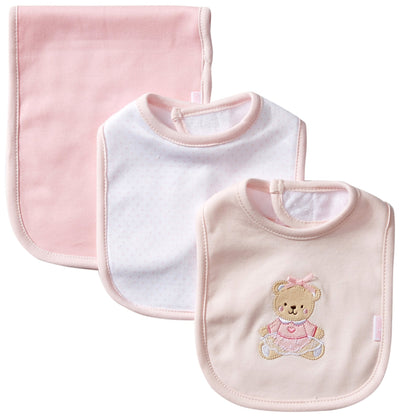 Set of three baby bibs with a pink bear design on a white background