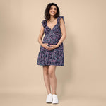 Motherhood Maternity Women's Short Flutter Sleeve Tiered Pregnancy Dress, Black Floral, Large