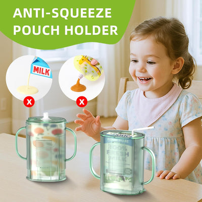 Pouch Holder No Squeeze for Food Pouches & Drink Boxes, Adjustable Baby Pouch Holder With Larger Capacity Allows Toddlers Self-Feed Avoid Mess (GREEN)