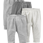 Simple Joys by Carter's Baby Cotton Pants, Pack of 4, Black Mini Stripe/Grey/Light Grey/White Stripe, 0-3 Months