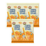 Three packages of Organic Crunchy Sticks with cheddar cheese flavor on a white background