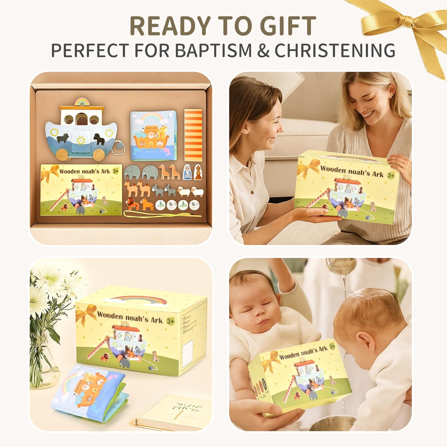 Wooden Noah's Ark Pull Along Toy with Bible Story Cloth Book - Montessori Sorting Set for Toddlers - Religious Baptism Gift for Boys & Girls -Christian Preschool Learning Toy for Kids