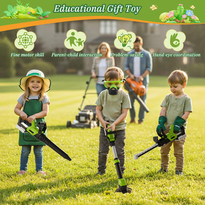 UPGRADED Kids Tool Set, 3-IN-1 Toddler Power Garden Tools with Sounds & Lights, Volume+/-, Toy Weed Wacker, Leaf Blower & Hedge Trimmer, Hat, Gloves, Apron, Toy Tools Christmas Birthday Gifts for Boys