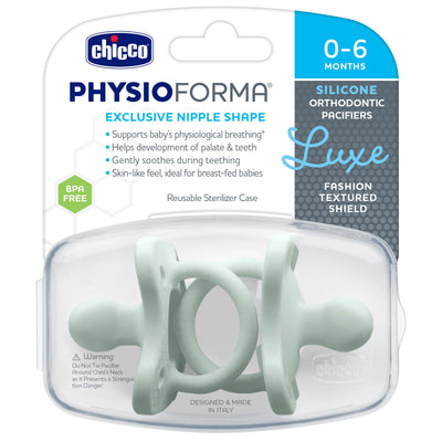 Chicco PhysioForma Luxe Orthodontic Pacifier for Babies 0-6 Months, One-Piece 100% Soft Silicone, Supports Breathing, Textured Shield & Handle, Included Sterilizing Case, BPA Free, 2-Pack, Mint
