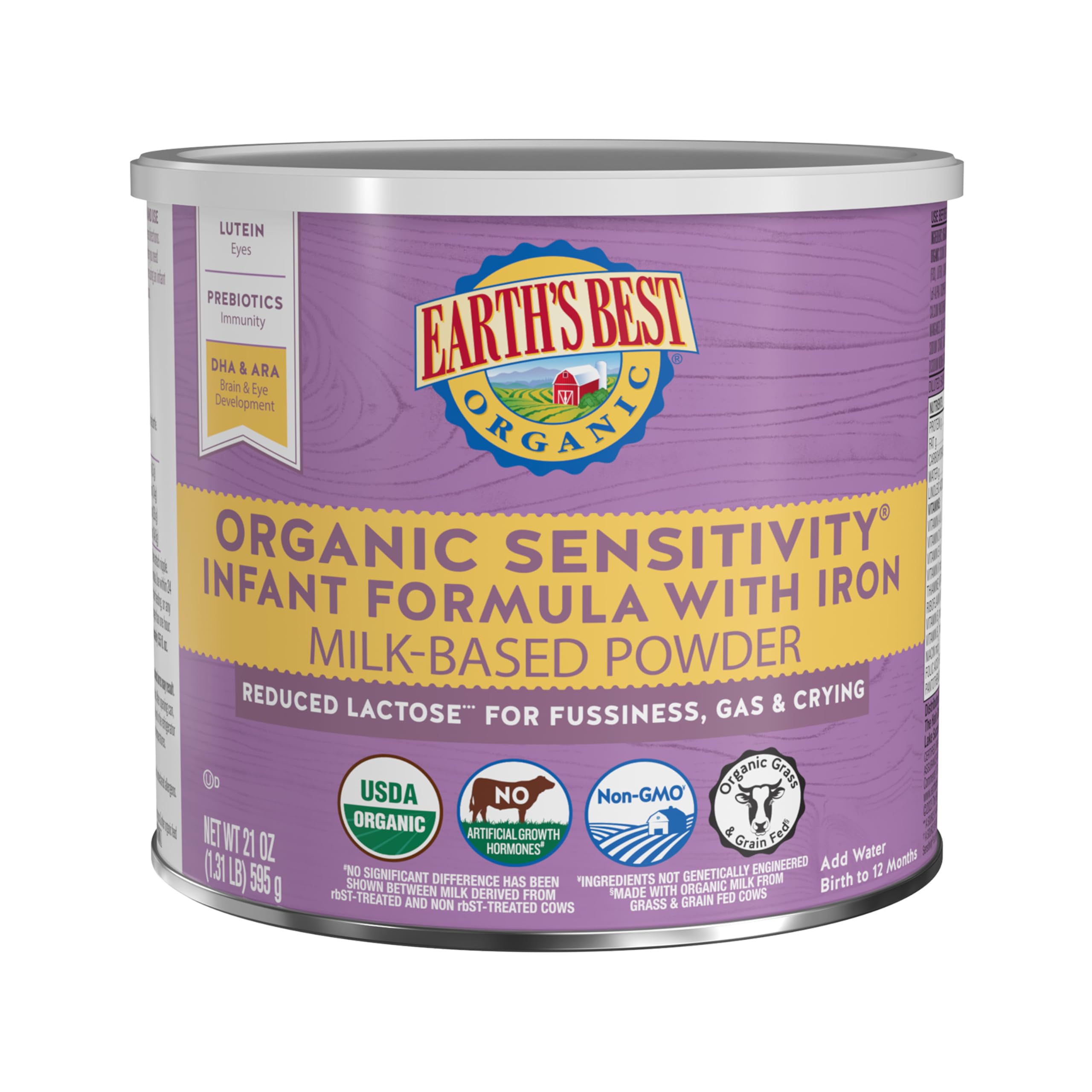 Earth's Best Organic Sensitivity Infant Formula for Babies 0-12 Months, Reduced Lactose Powder Formula with Iron, Omega-3 DHA, and Omega-6 ARA, 32 Ounce Value Container