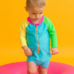 RUGGEDBUTTS Baby/Toddler Boy Swimsuit, One Piece Zipper Rash Guard Sunsuit with UPF 50+ Sun Protection - Neon Color Block, 3-6m