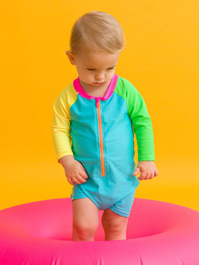 RUGGEDBUTTS Baby/Toddler Boy Swimsuit, One Piece Zipper Rash Guard Sunsuit with UPF 50+ Sun Protection - Neon Color Block, 3-6m