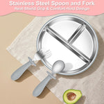 Baby Feeding Set| 2 Pack Stainless Steel Divided Suction Plate, 2 Set Toddler Spoons & Forks|BPA&LFree, Baby Led Weaning Supplies for Toddler Utensils Baby Feeding Essentials,grey blue