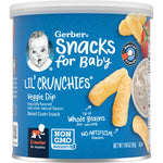 Can of Gerber Snacks for Baby Lil' Crunchies Veggie Dip with blue label and yellow snack image.