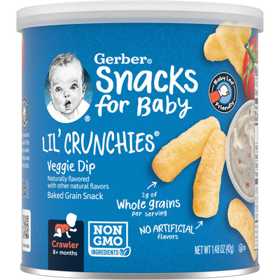 Can of Gerber Snacks for Baby Lil' Crunchies Veggie Dip with blue label and yellow snack image.