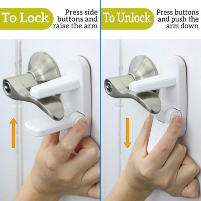 Door Lever Lock (3 Pack) Prevents Toddlers from Opening Doors. 3.25" L * 1.5" W * 4.5" H Easy One Hand Operation for Adults. Durable ABS with 3M Adhesive Backing. Simple Install, No Tools Needed.