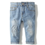 KIDSCOOL SPACE Baby Girl Boy Jean,D Ring Elastic Band Inside Ripped Denim Pants,Light Blue,12-18 Months