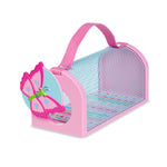 Pink butterfly-themed pet carrier on a white background
