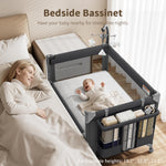 GAIVE 4 in 1 Baby Bassinet, One-Push Setup Pack and Play, Bedside Crib Sleeper with 3 Height Adjustable，Diaper Changer, Come with Comfy Mattress, Rotating Toy Bar, from Infants to Toddlers (Black)