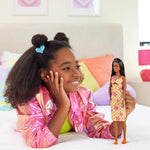 Barbie Fashionistas Doll #233 with Black Hair, Wearing Checkered Orange and Pink Flower Midi Dress with Necklace and Sandals