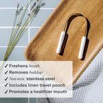 Boka Tongue Scraper for Adults & Kids with Case - Stainless Steel Tongue Cleaner w/Linen Travel Pouch - Scrubber to Remove Tongue Buildup and Freshen Breath (Pack of 2), Green and Pink