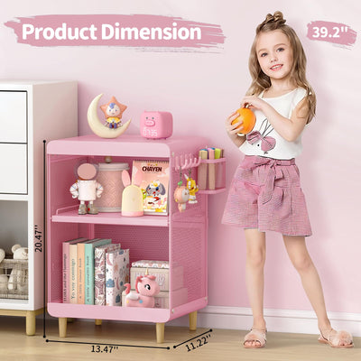 SYKIARIOL Kids Nightstand with Storage & Hooks, Cute Pink Bedside Table for Girls, Small Toddler Night Stand for Bedroom