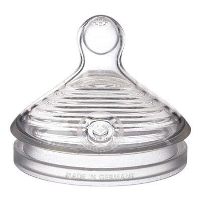 Clear baby bottle nipple with 'Made in Germany' text on a white background