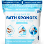 Packaging of Scrubzz rinse-free bath sponges with blue and white design.