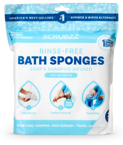 Packaging of Scrubzz rinse-free bath sponges with blue and white design.