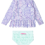 RuffleButts Baby/Toddler Girls Scalloped Long Sleeve Rash Guard 2-Piece UPF50+ Sun Protected Swimsuit - Magical Mermaid, 4T