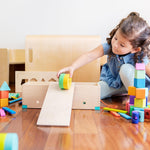 LOVEVERY | The Block Set | Solid Wood Building Blocks and Shapes + Wooden Storage Box, 70 Pieces, 18 Colors, 20+ Activities, Toddler Block Set and Converts into a Pull Car, Ages 12 to 48+ months
