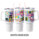 Silver Buffalo Sanrio Hello Kitty and Friends Cinnamoroll, Kuromi, Chococat, Badtz-Maru, Keroppi, etc Sticker Collage Stainless Steel Tumbler w Handle and Straw, Fits in Standard Cup Holder, 40 Ounces