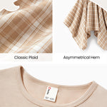 PATPAT Girls 2 Piece Skirt Sets Size 11-12 Years, Light Brown Shirts + Brown Plaid Skirts Clothing Sets Summer Outfits, Preppy Clothes for Girls Western Outfits Streetwear