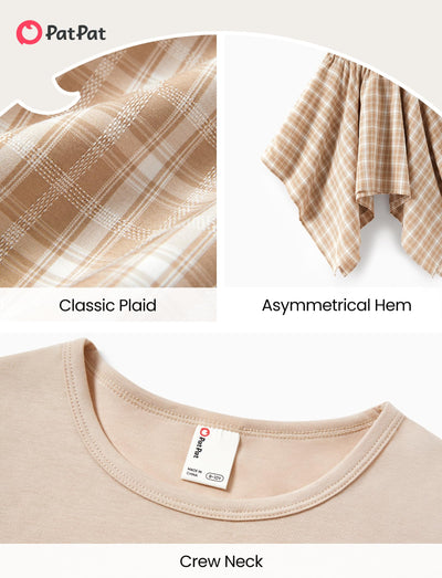 PATPAT Girls 2 Piece Skirt Sets Size 11-12 Years, Light Brown Shirts + Brown Plaid Skirts Clothing Sets Summer Outfits, Preppy Clothes for Girls Western Outfits Streetwear