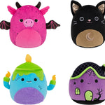 Four colorful plush toys with Halloween-themed designs on a white background