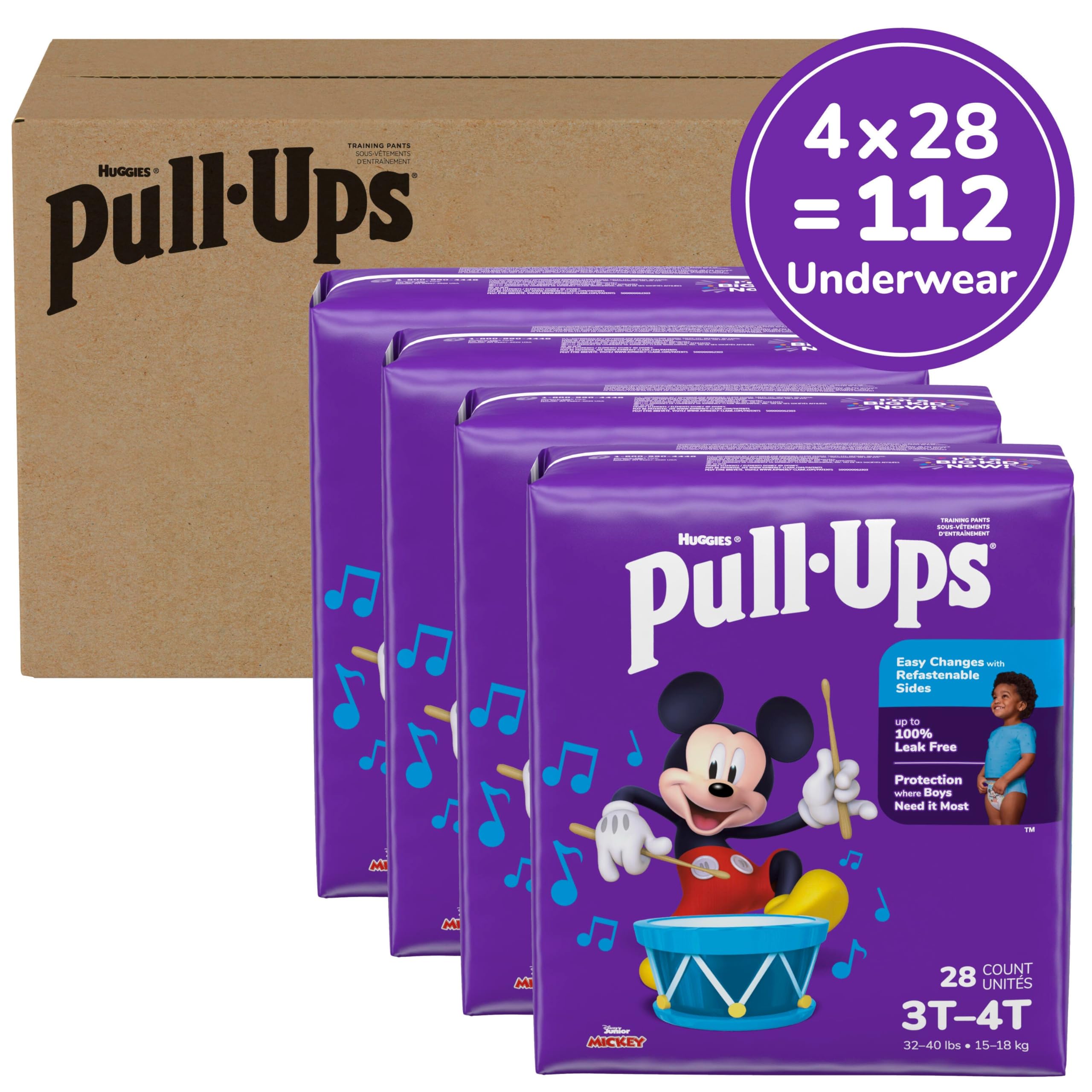 Pull-Ups Boys' Potty Training Pants, Size 3T-4T Training Underwear (32-40 lbs), 112 Count (4 Packs of 28), Packaging May Vary