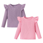 OPAWO Toddler Girl Shirts Ruffle Long Sleeve Baby Tee Tops, Ribbed Toddler Girl Blouse, Fall Baby Girl Clothes 2-Pack 12M-4T(Purle/Pink, 2T)