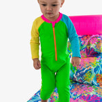 RUGGEDBUTTS Baby Boys UPF50+ Sun Protected Full Length Long Sleeve Rash Guard One Piece Swimsuit - Neon Color Block, 3-6m